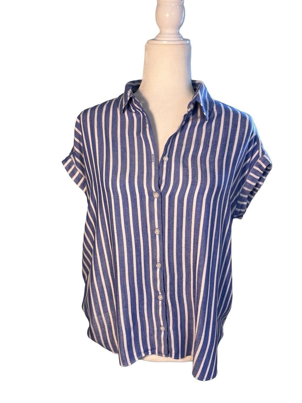 F&F blue and white striped cap folded sleeve button down blouse - 6